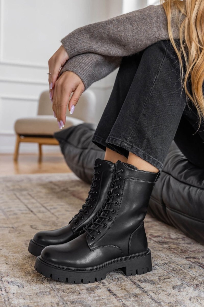 Ladies Boots Combat Boots Stylish Combat Boots Lace Up Black Matte