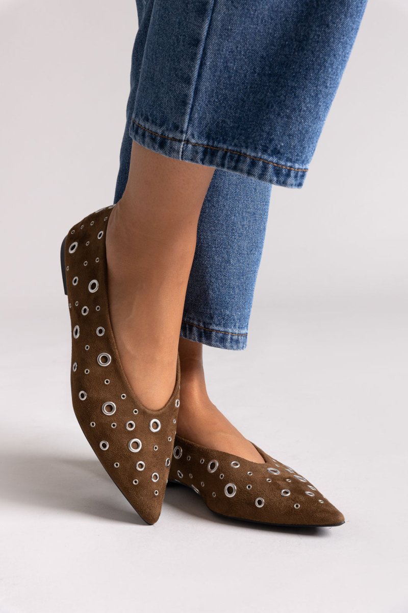 Corina Pointed Suede Ballet Flats with Studs Brown Suede