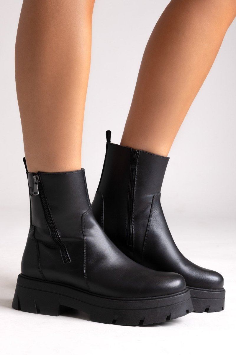 Leather Ankle Boots with Zipper - Black Matte – thefashionproject.gr