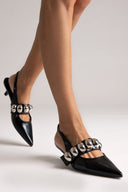 Slingback Pumps CORINA - Black Crinkled Patent - thefashionproject.gr - CORINA