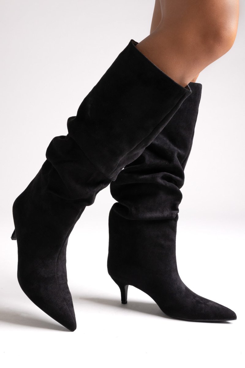 Suede Pointed Boots with Kitten Heel Black Suede