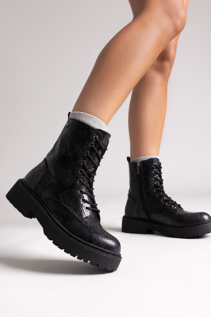 Texture Lace-Up Combat Boots - Black Snake Patern