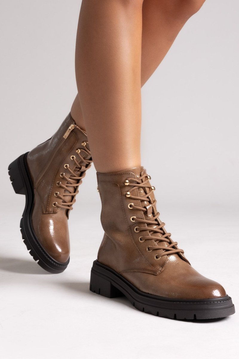 Xti 144296 Patent Lace-Up Combat Boots Light Brown Patent