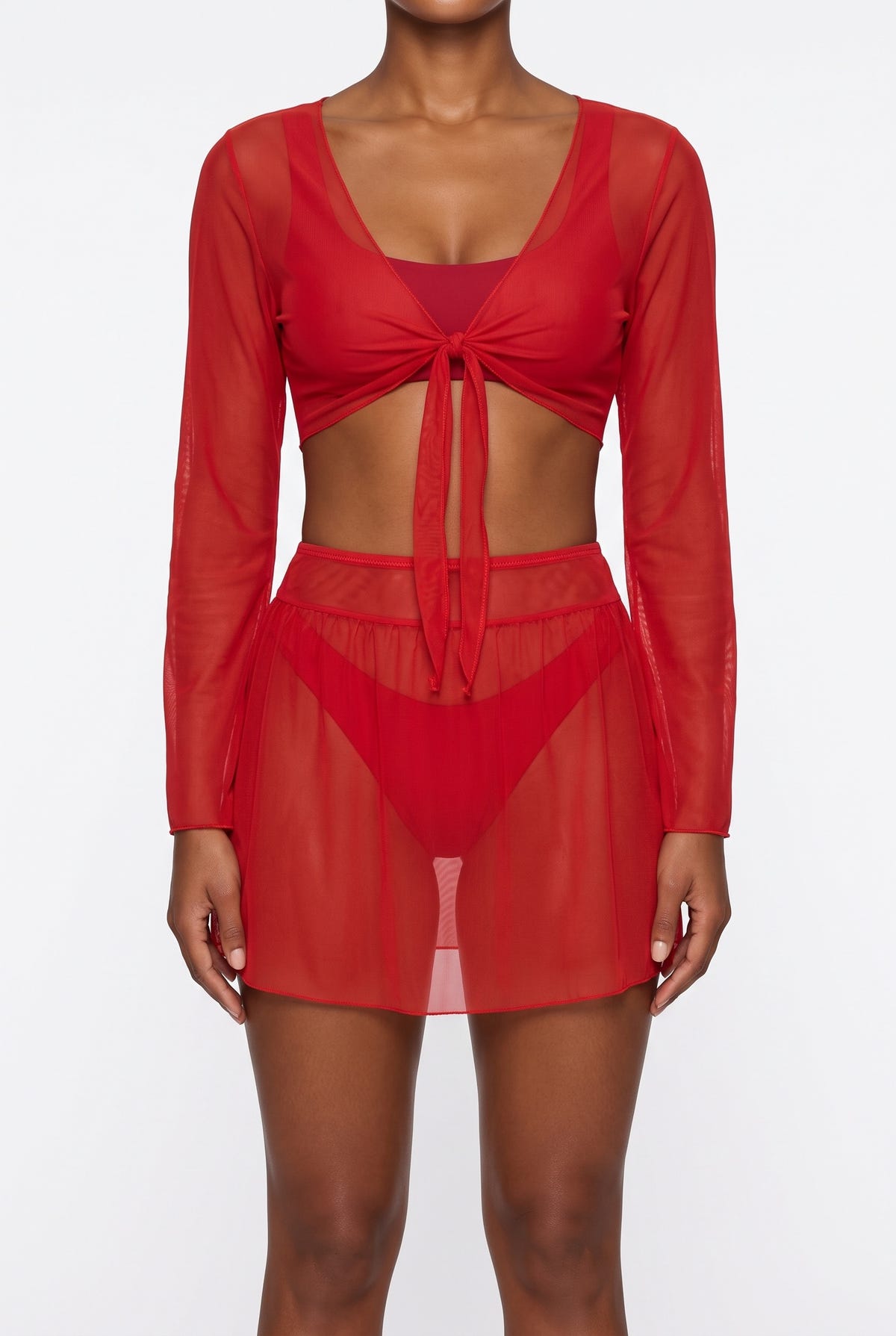 Beachwear Set with Sheer Top - Red
