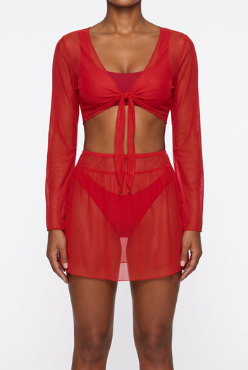Beachwear Set with Sheer Top - Red