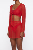 Beachwear Set with Sheer Top - Red