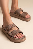 Leather Flatform Sandals - Brown