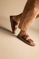 Leather Sandals with Buckles - Brown Suede