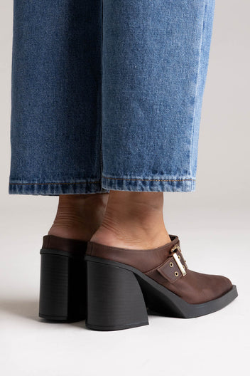 Leather Clogs with Buckle - Dark Brown Matte