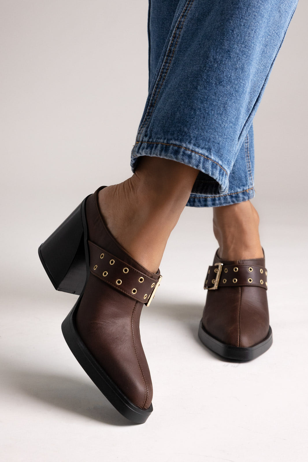 Leather Clogs with Buckle - Dark Brown Matte