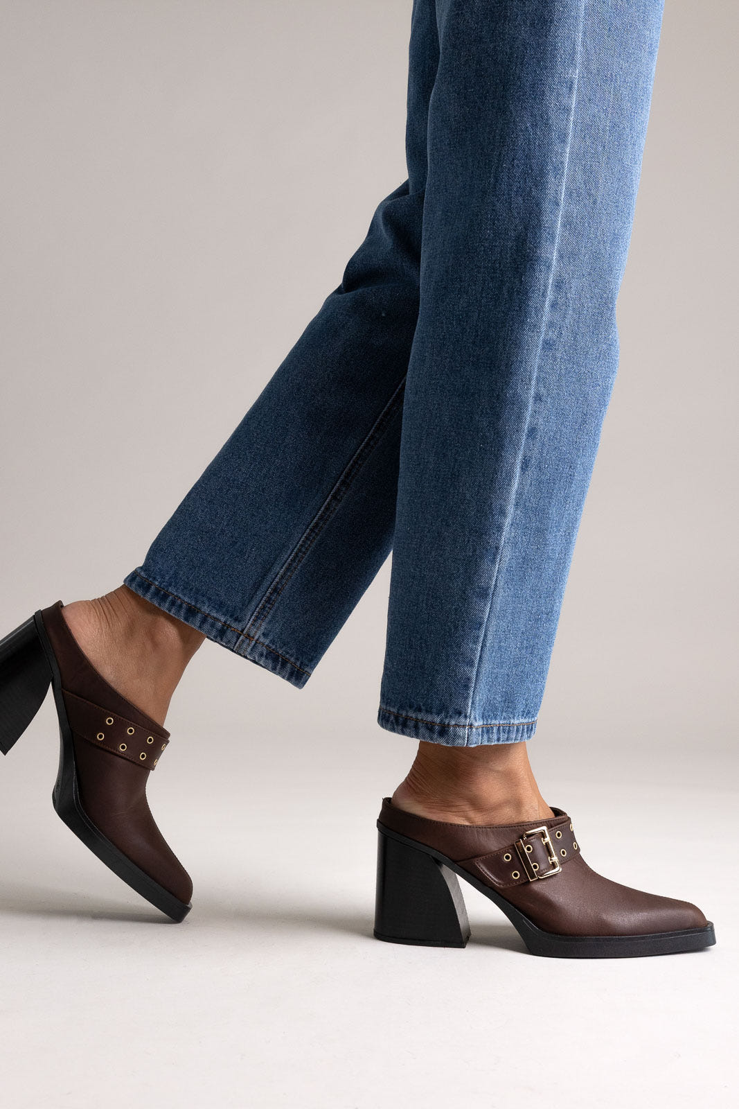 Leather Clogs with Buckle - Dark Brown Matte