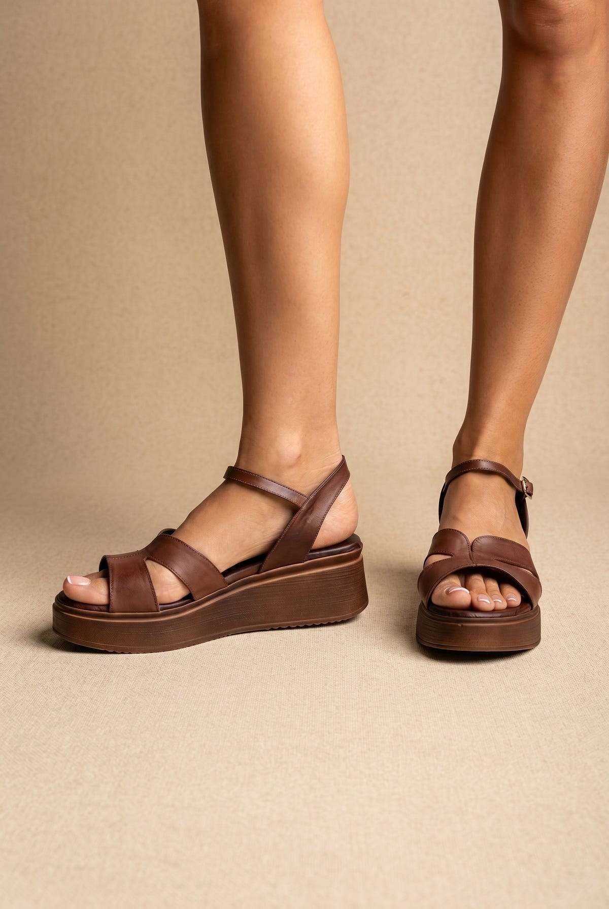 Leather Flatform Sandals - Brown Matte