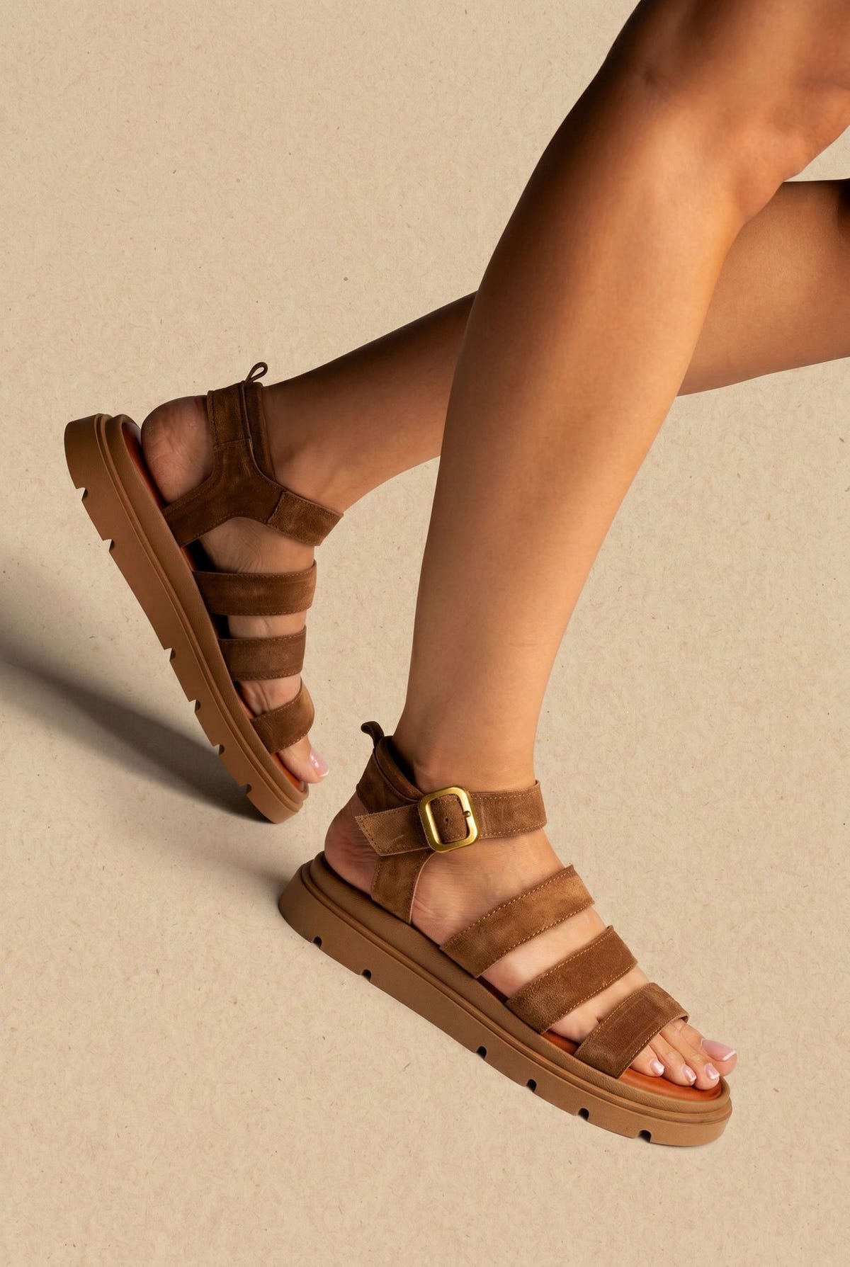 Suede Sandals with Bands - Taupe Suede