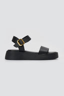 Leather Flatform Sandals Ankle Strap - Μαύρο