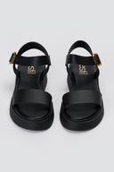 Leather Flatform Sandals Ankle Strap - Μαύρο