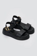 Leather Flatform Sandals Ankle Strap - Μαύρο