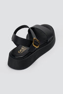 Leather Flatform Sandals Ankle Strap - Μαύρο