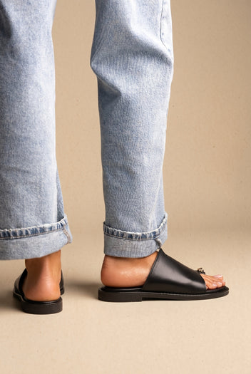 Leather Sandals with Rhinestones - Black Matte