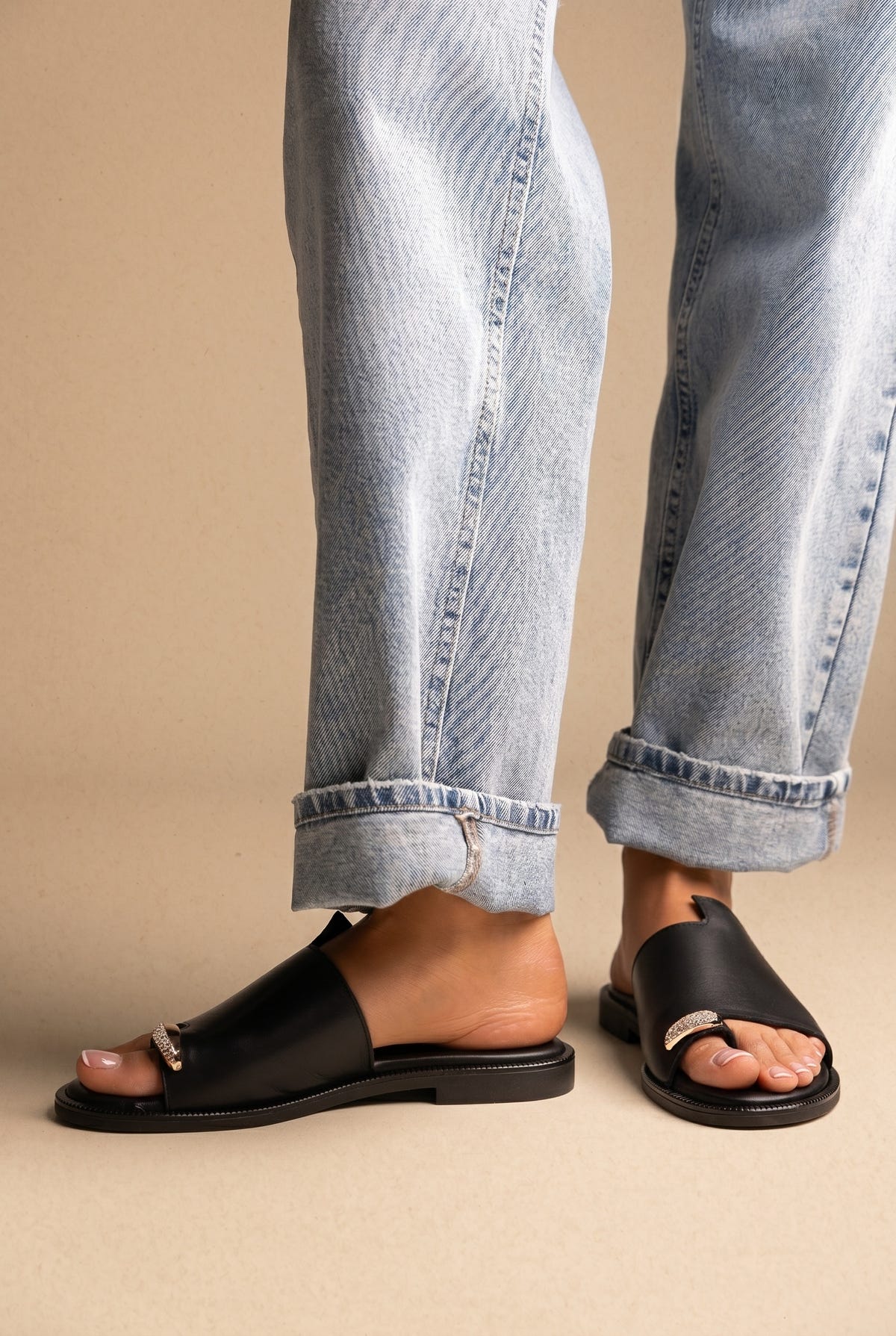 Leather Sandals with Rhinestones - Black Matte
