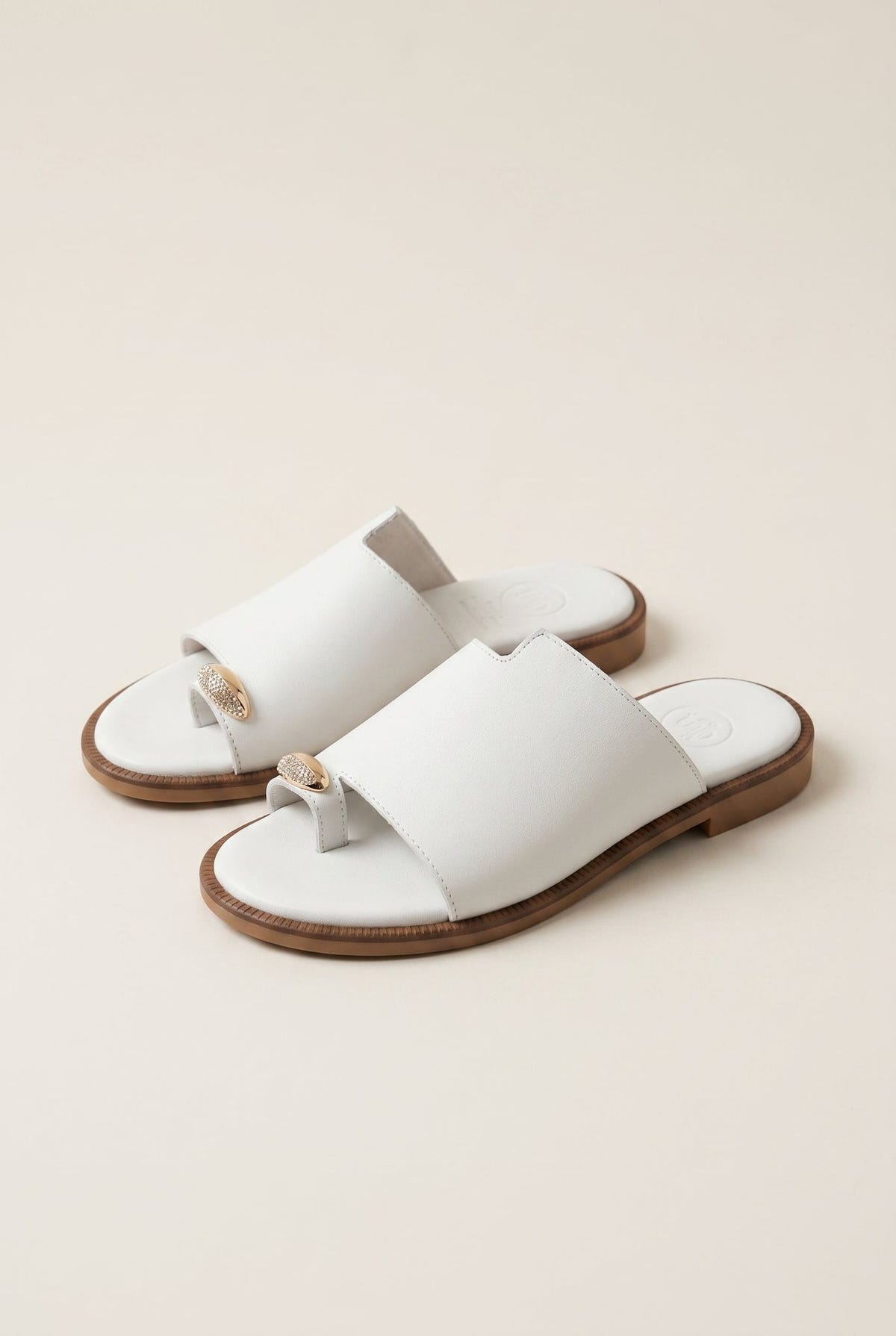 Leather Sandals with Rhinestones - White Matte