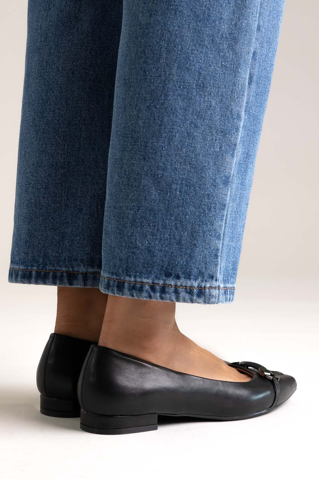Pointed Ballet Flats with Metal Detail - Black Matte
