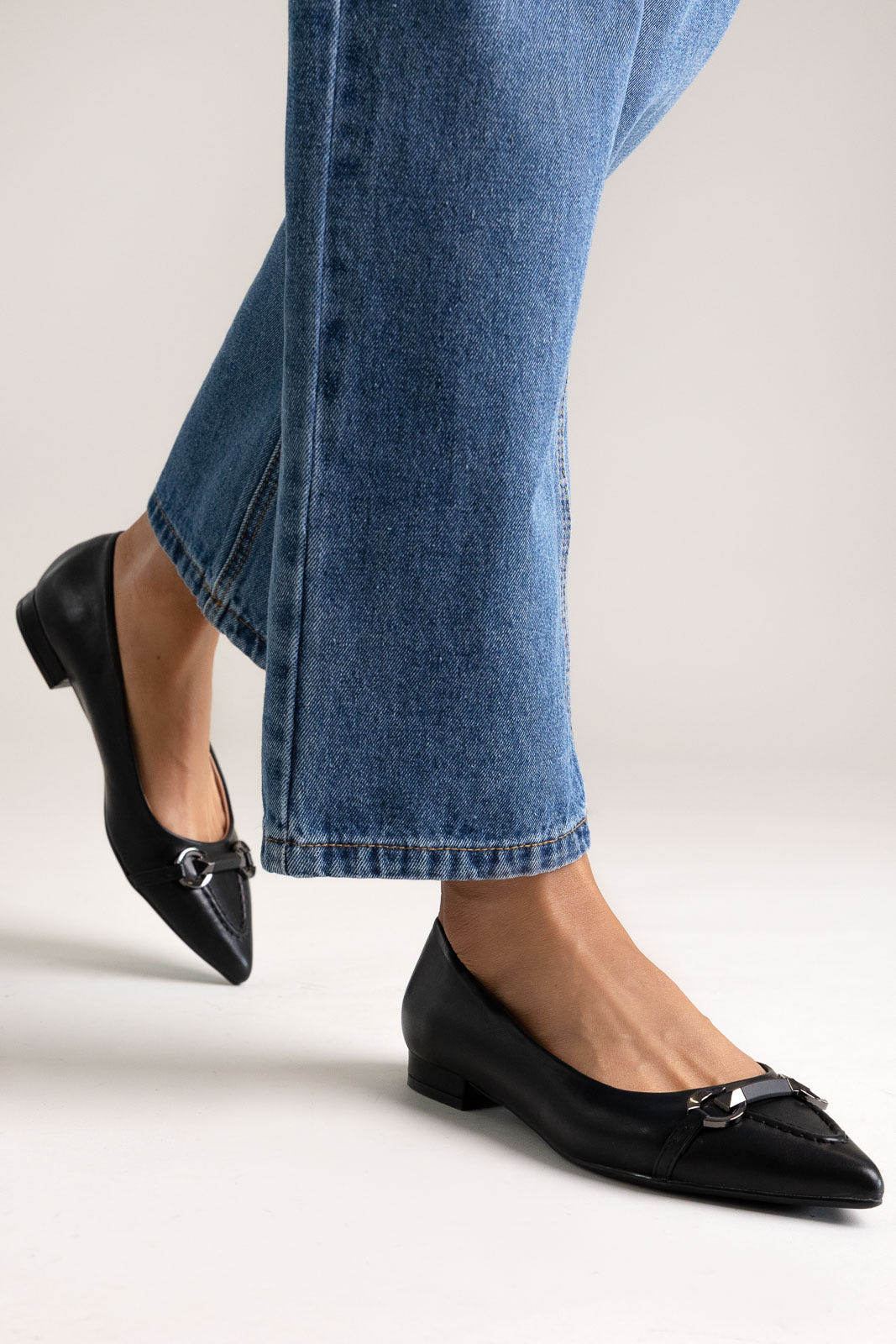 Pointed Ballet Flats with Metal Detail - Black Matte