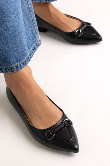 Pointed Ballet Flats with Metal Detail - Black Matte