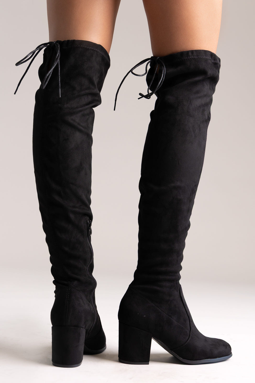Over-the-Knee Suede Boots with Tie - Black Suede