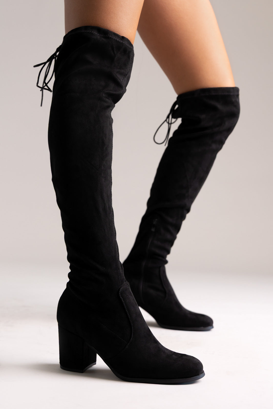 Over-the-Knee Suede Μπότες με Δέσιμο - Μαύρο Suede