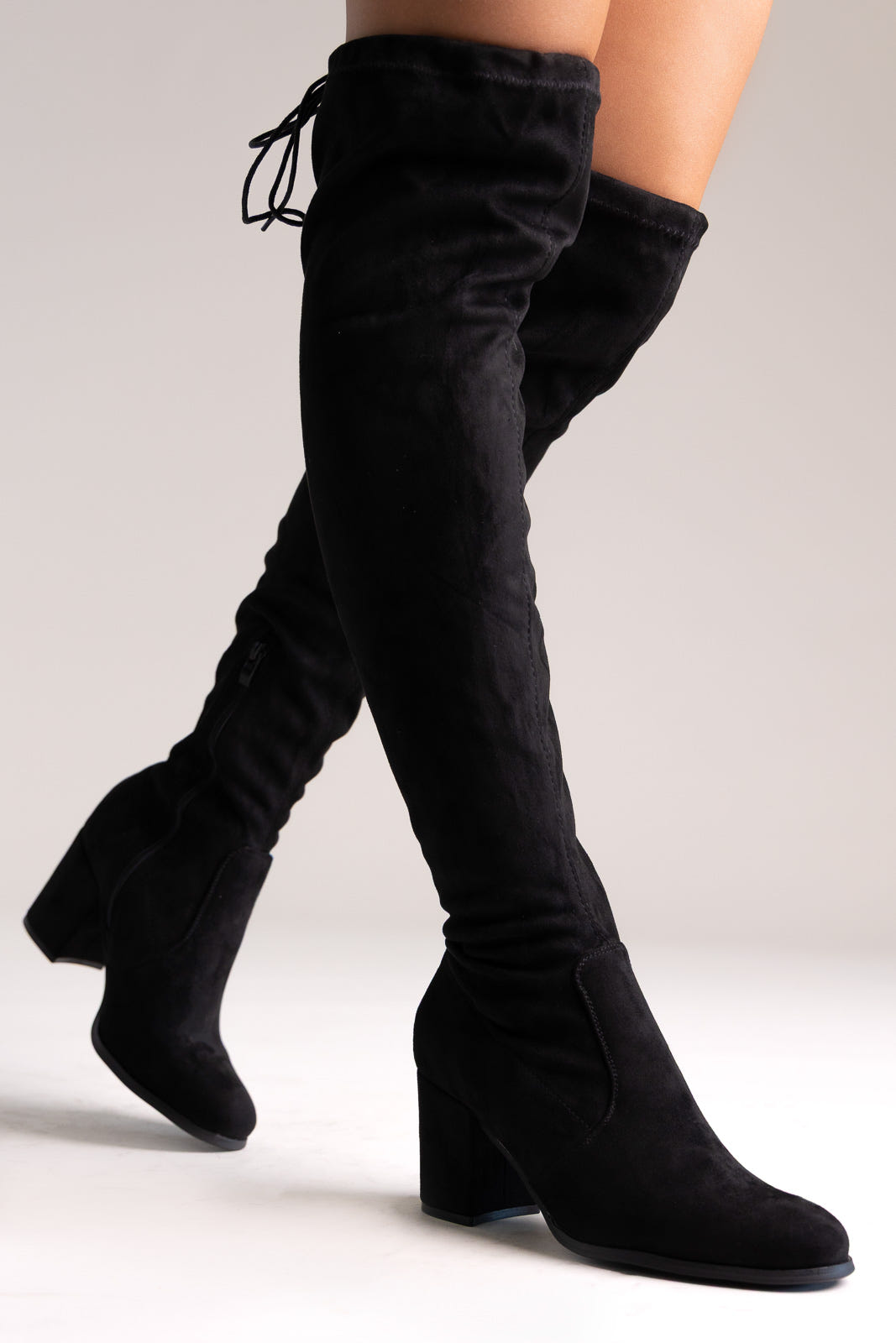 Over-the-Knee Suede Boots with Tie - Black Suede