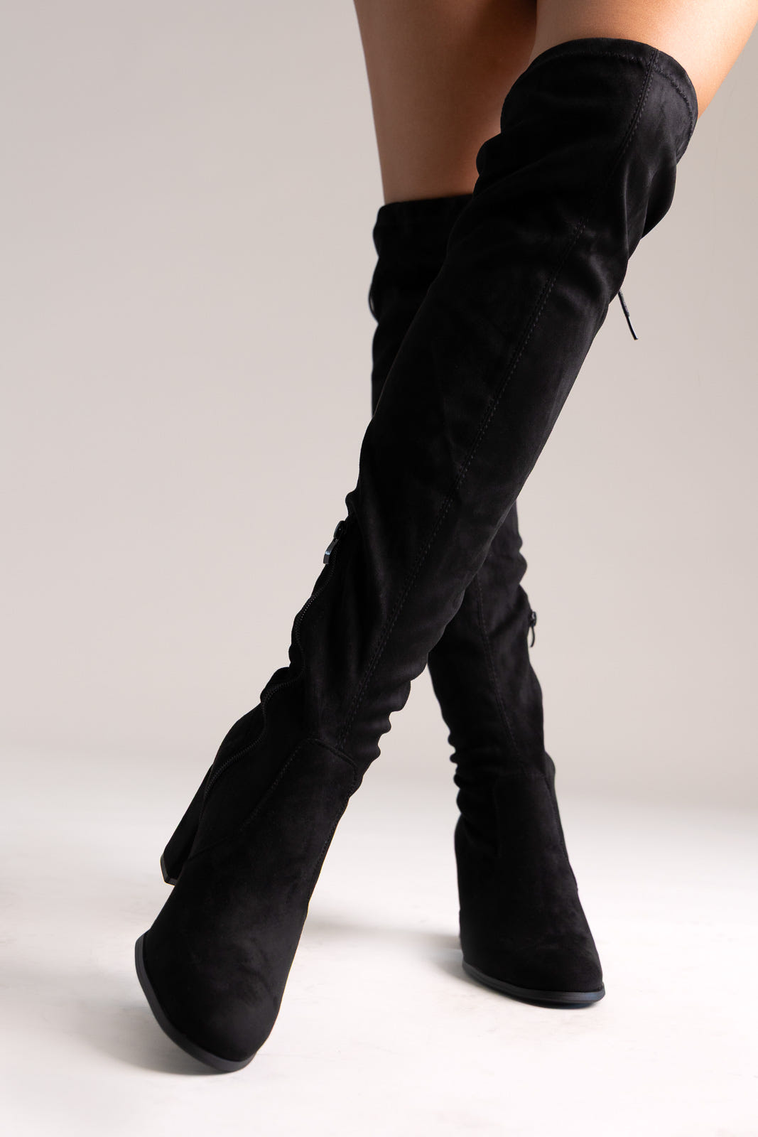 Over-the-Knee Suede Boots with Tie - Black Suede