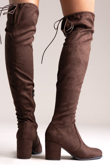 Brown faux suede over-the-knee boots with drawstring tie and block heel, back view on a model
