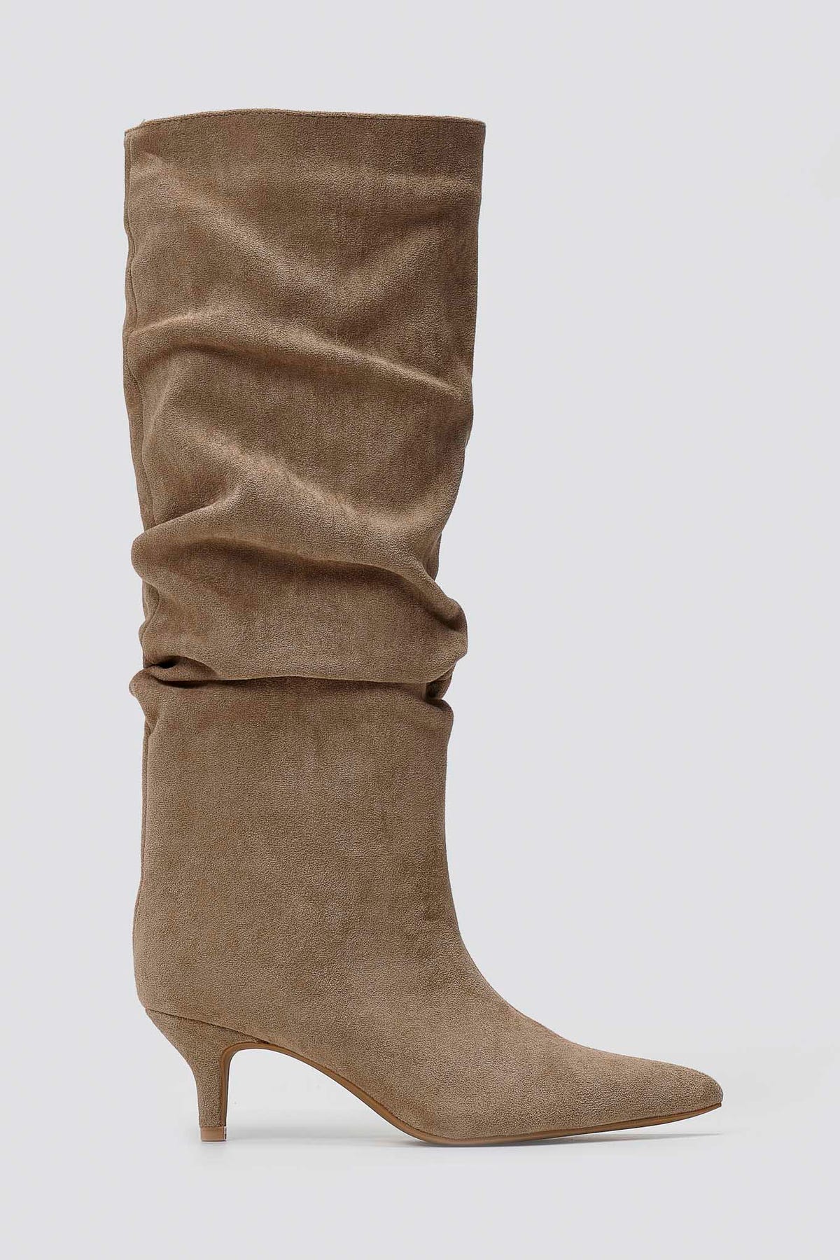 Suede Pointed Boots with Kitten Heel - Taupe Suede