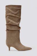 Suede Pointed Boots with Kitten Heel - Taupe Suede