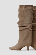 Suede Pointed Boots with Kitten Heel - Taupe Suede