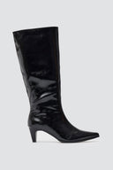Pointed Crinkled Patent Boots with Kitten Heel - Black Crinkled Patent