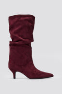 Pointed Suede Slouch Boots with Kitten Heel - Burgundy Suede