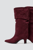 Pointed Suede Slouch Boots with Kitten Heel - Burgundy Suede