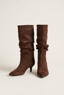 Pointed Suede Slouch Boots with Kitten Heel - Mocha Suede