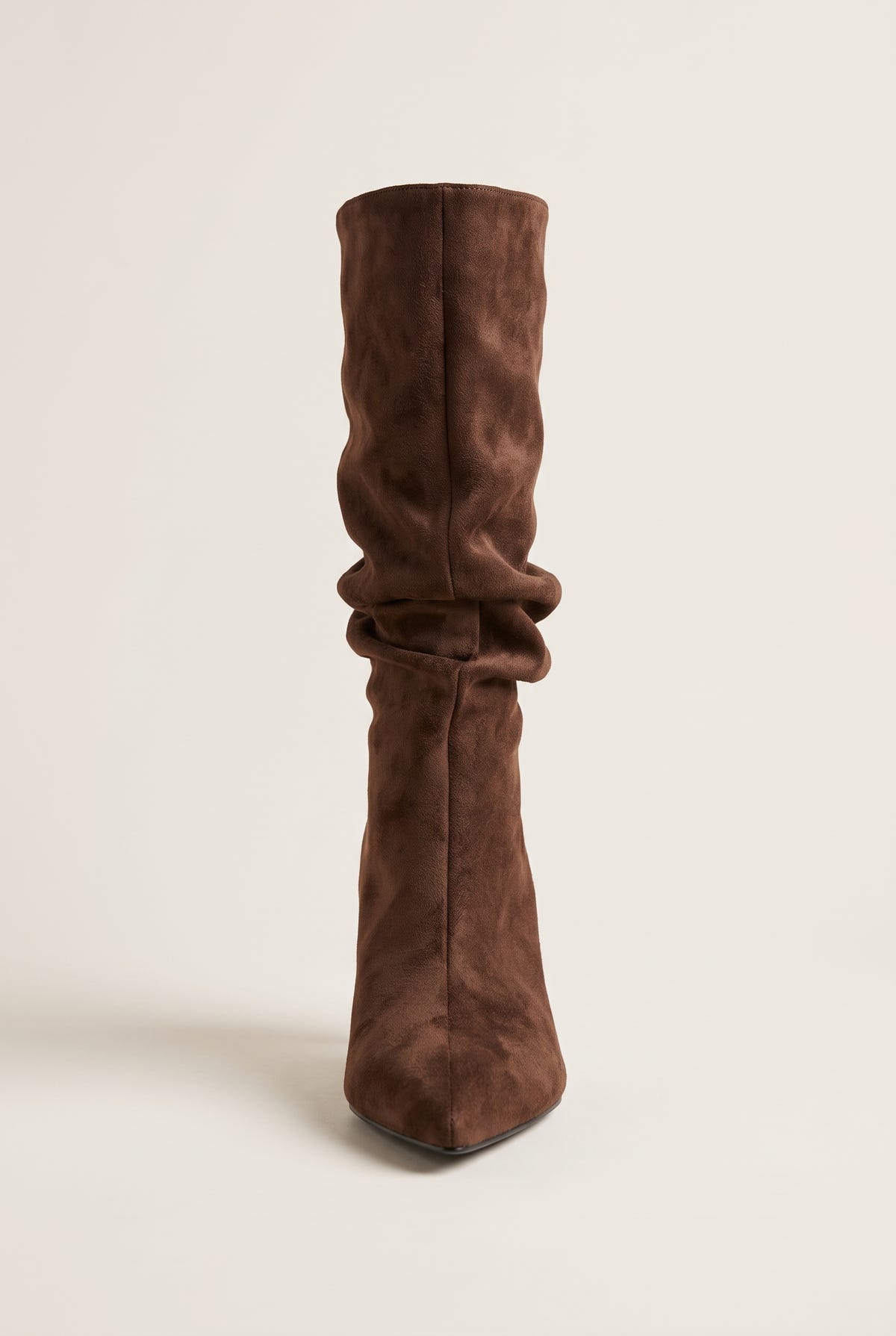 Pointed Suede Slouch Boots with Kitten Heel - Mocha Suede