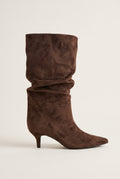 Pointed Suede Slouch Boots with Kitten Heel - Mocha Suede