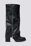Knee-High Buckle Boots with Block Heel - Black Matte