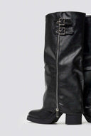 Knee-High Buckle Boots with Block Heel - Black Matte