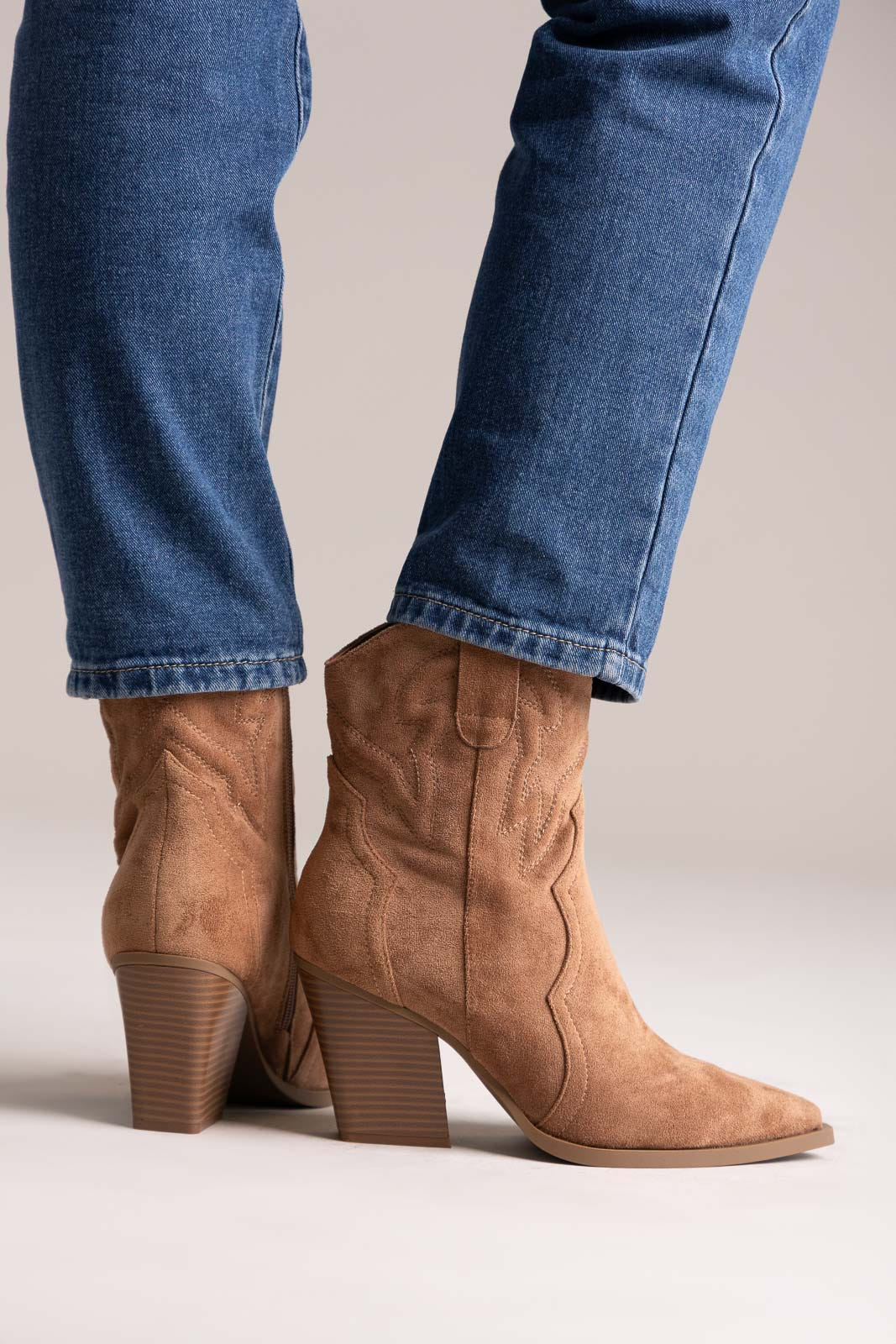 Pointed Suede Cowboy Ankle Boots - Camel Suede
