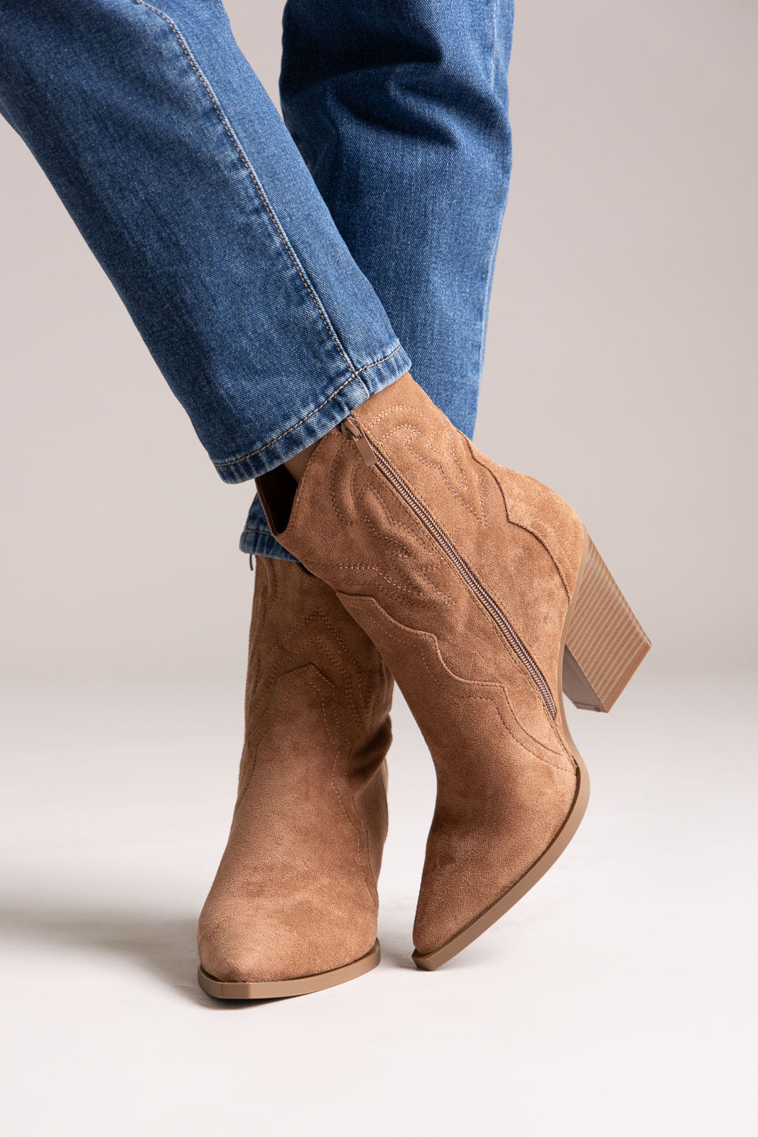 Pointed Suede Cowboy Ankle Boots - Camel Suede