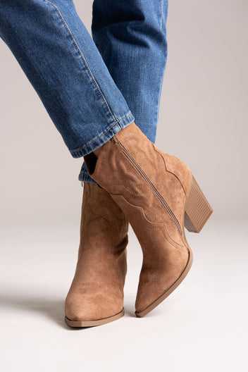 Pointed Suede Cowboy Ankle Boots - Camel Suede