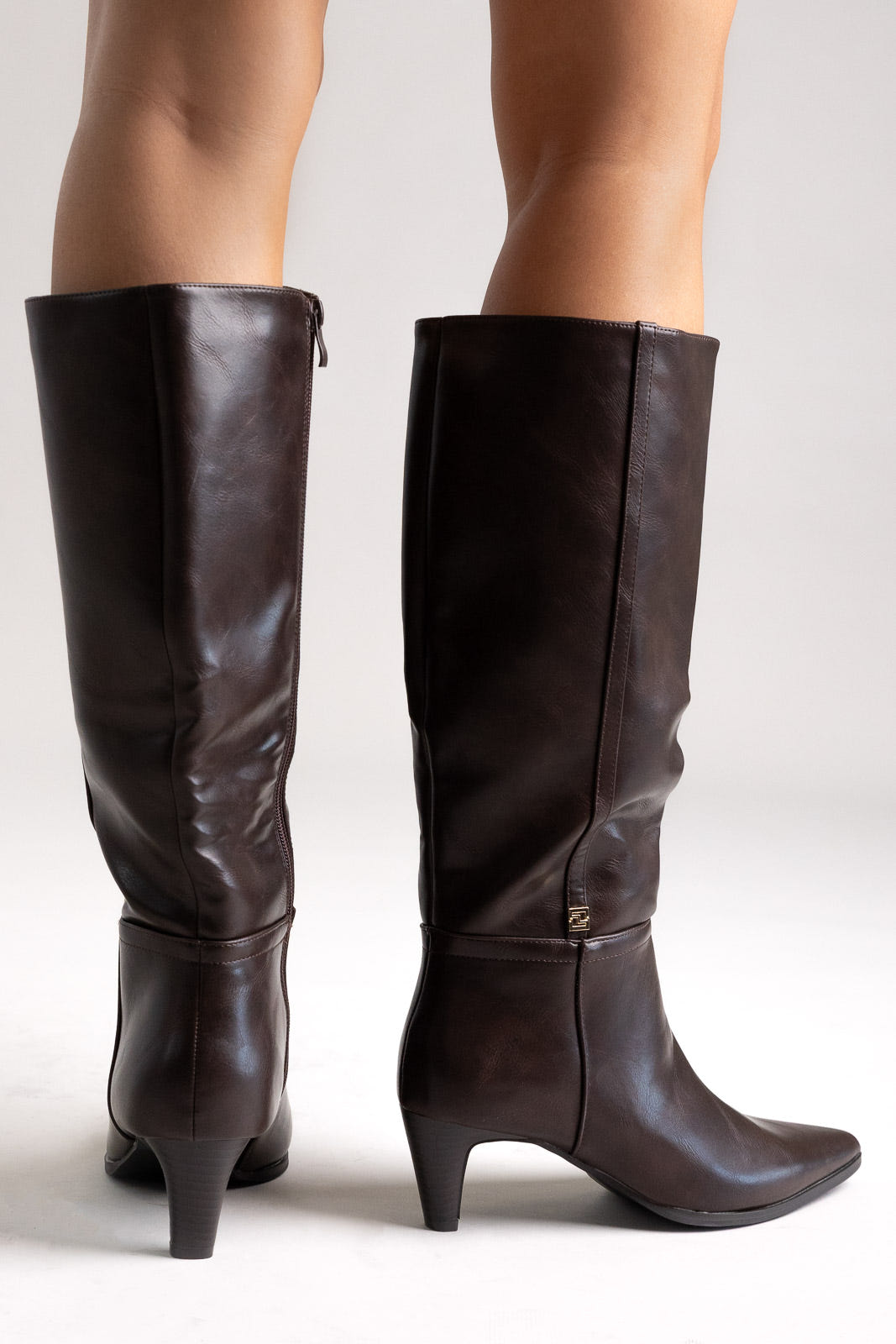 Dark brown leather pointed-toe knee-high boots with kitten heel and side zip, rear view on a model
