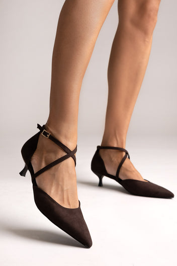 Pointed Kitten Heel Pumps - Brown Suede