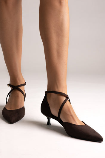 Pointed Kitten Heel Pumps - Brown Suede