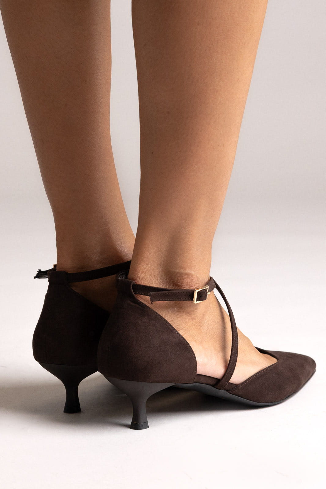 Pointed Kitten Heel Pumps - Brown Suede